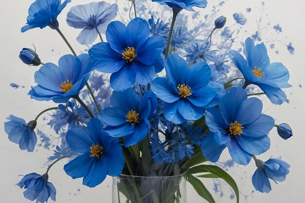 Photo un vase à fleurs bleu avec des fleurs bleues dedans