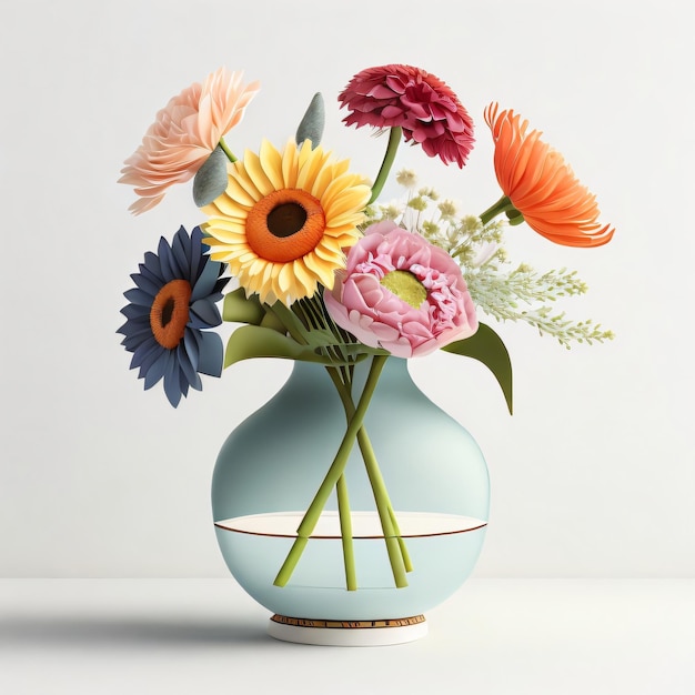 Un vase avec des fleurs bleues et roses