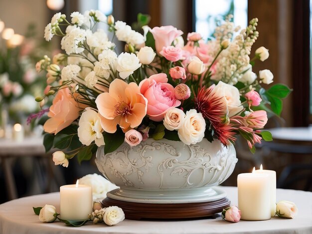 un vase de fleurs et de bougies sur une table avec des bougies en arrière-plan