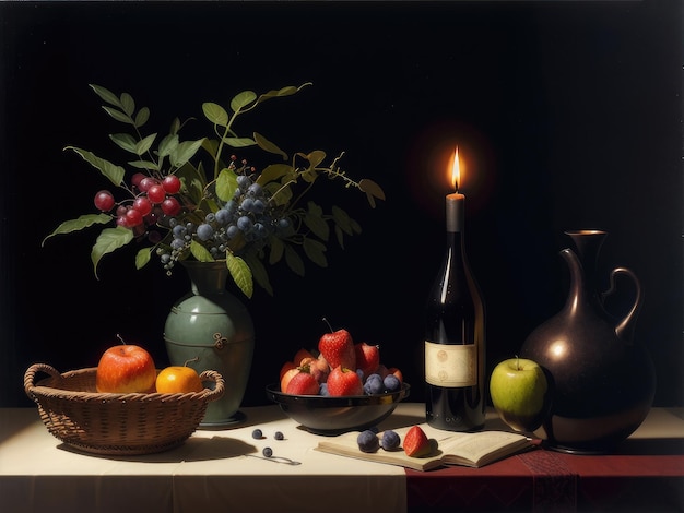 Un vase avec des fleurs et une bouteille de vin est sur une table.