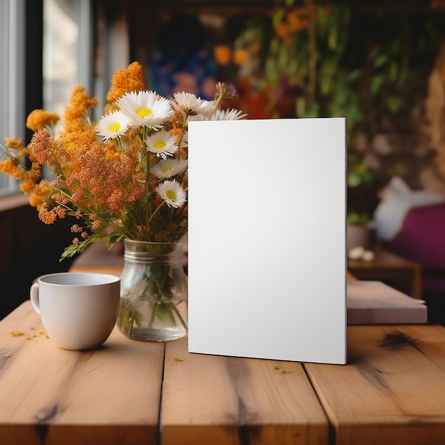un vase de fleurs et une carte blanche sur une table.