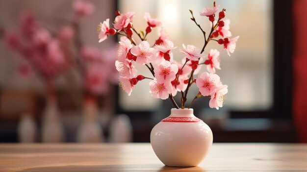 vase avec des fleurs de cerises en fleurs sur la table contre