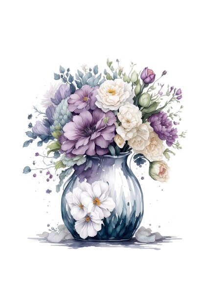Vase de fleurs clipart fond blanc éparpillé couleur de l'eau éparpillée aquarelle a l'ombre th