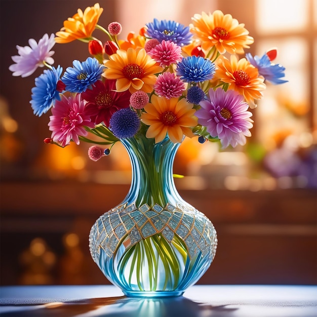 Un vase de fleurs colorées sur la table rétroéclairée photo 4k style moderne