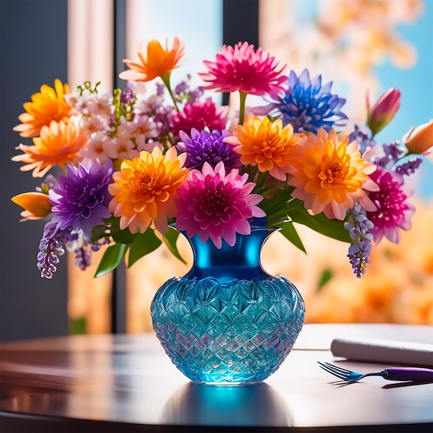 Un vase de fleurs colorées sur la table rétroéclairée photo 4k style moderne