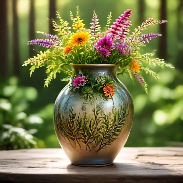 Photo un vase avec des fleurs sur le côté est assis sur une table