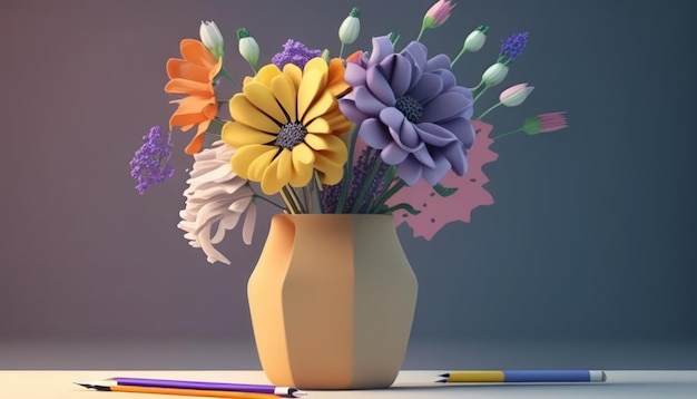 Un vase de fleurs avec un crayon sur la table