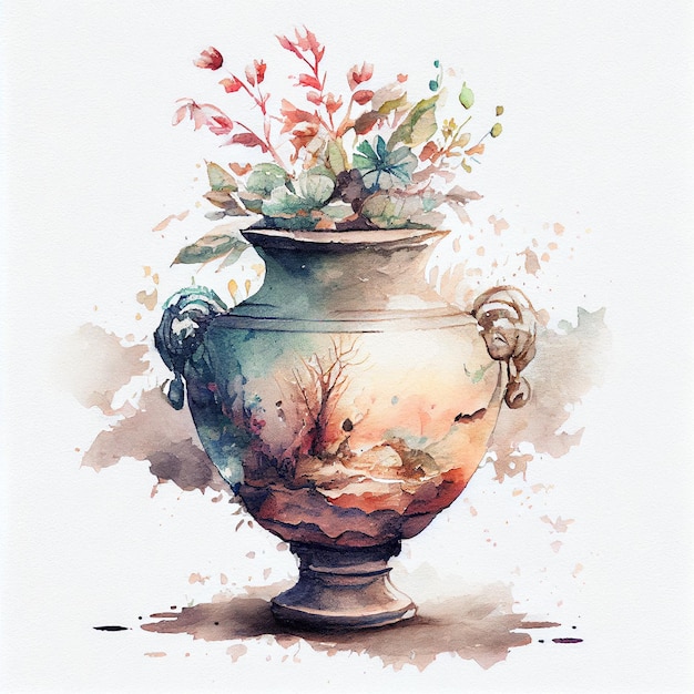 Un vase avec des fleurs dessus est peint à l'aquarelle.