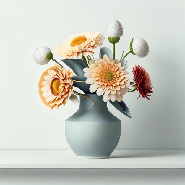 Un vase avec des fleurs dessus et un fond blanc