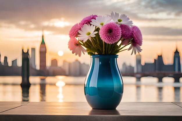 Un vase avec des fleurs devant une ligne d'horizon de la ville.