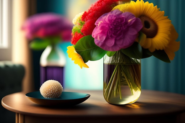 Un vase de fleurs est à côté d'une boule blanche sur une table.