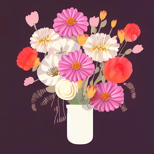 Un vase de fleurs est étiqueté avec une fleur rose, blanche et jaune.