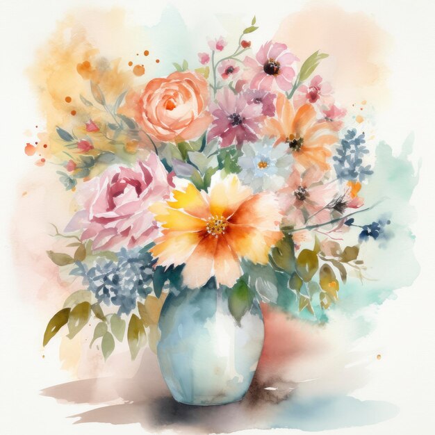 Un vase de fleurs est peint avec un fond d'aquarelle