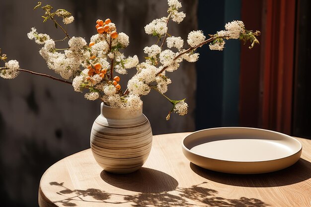 un vase de fleurs est placé sur la table photographie professionnelle