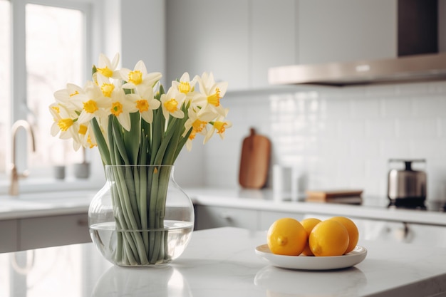 Un vase de fleurs est posé sur un comptoir de cuisine à côté d'un bol de citrons.