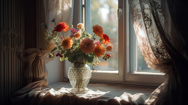 Un vase de fleurs est posé sur un rebord de fenêtre avec un rideau qui dit "maison" dessus.