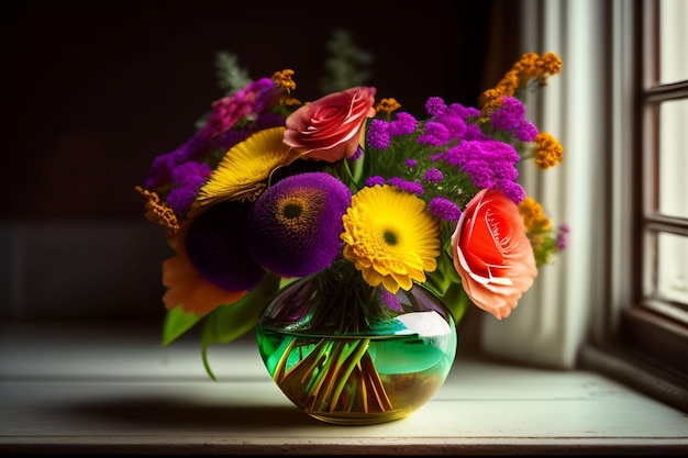 Un vase de fleurs est posé sur une table avec une fenêtre derrière.