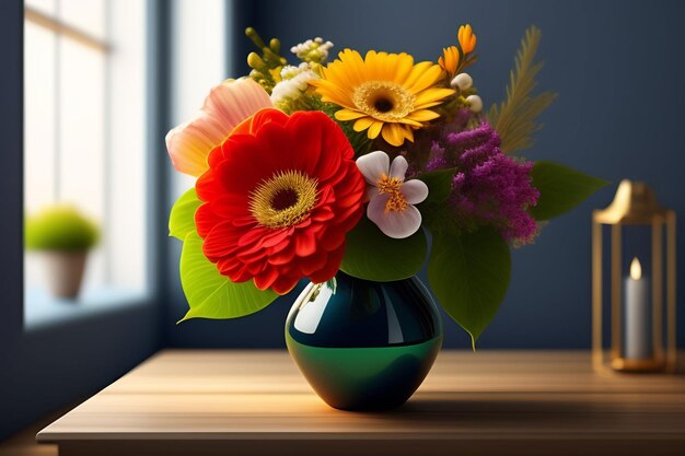 Un vase de fleurs est posé sur une table à fond bleu.