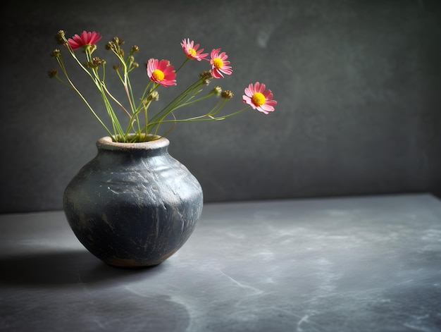 Un vase avec des fleurs est posé sur une table.