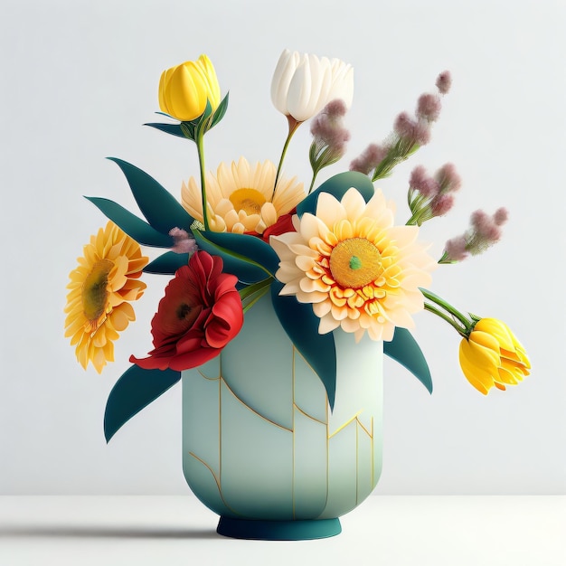 Un vase de fleurs est sur une table avec un design doré