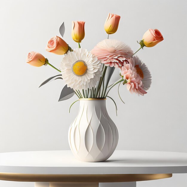 Un vase de fleurs est sur une table avec un fond blanc