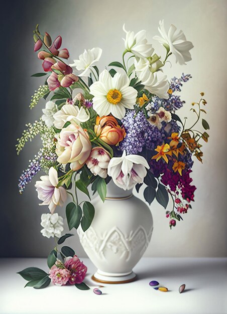 Un vase de fleurs est sur une table avec un fond blanc.