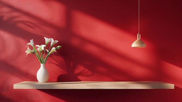 Vase avec des fleurs sur une étagère en bois devant le mur rouge