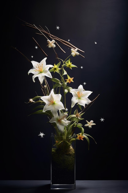 Un vase avec des fleurs et des étoiles dessus