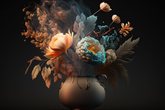 Un vase avec des fleurs et des feuilles qui disent "une fleur"