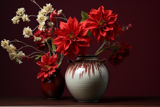 Un vase avec des fleurs et une fleur cramoisi à l'intérieur