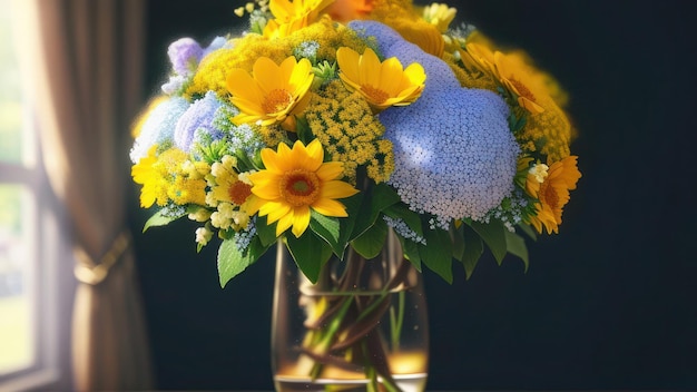 Un vase de fleurs avec des fleurs bleues et jaunes sur une table.