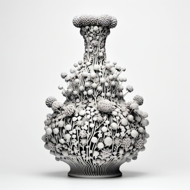 Un vase avec des fleurs sur un fond blanc