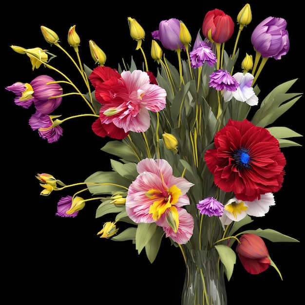 Un vase de fleurs avec un fond noir et un bouquet de fleurs dedans.