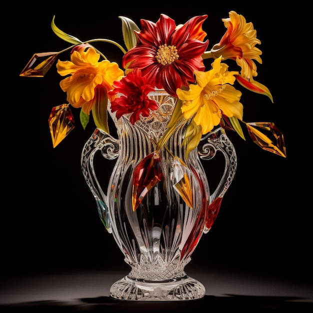 un vase avec des fleurs sur fond noir et un fond noir