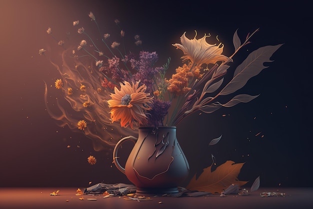 Un vase de fleurs avec un fond sombre et une feuille soufflée.