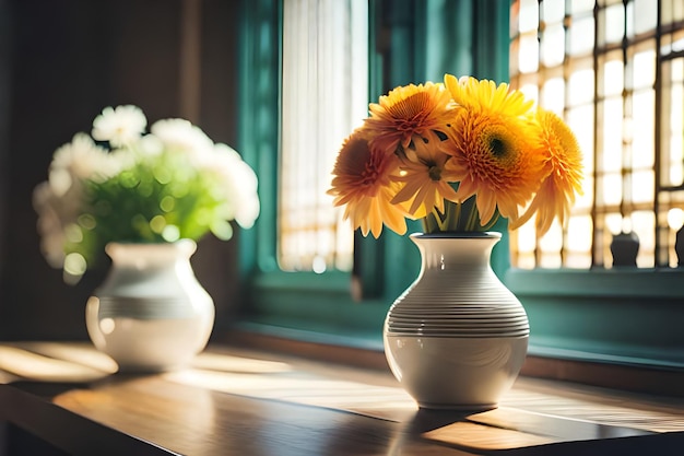 un vase avec des fleurs jaunes devant une fenêtre.