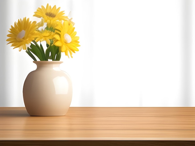 Vase de fleurs jaunes sur une table en bois