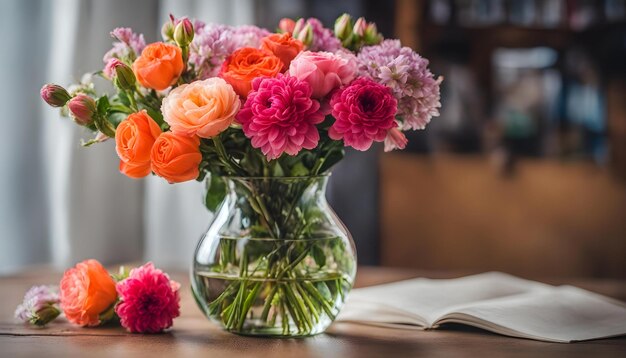 un vase de fleurs avec un livre sur une table à côté d'un livre