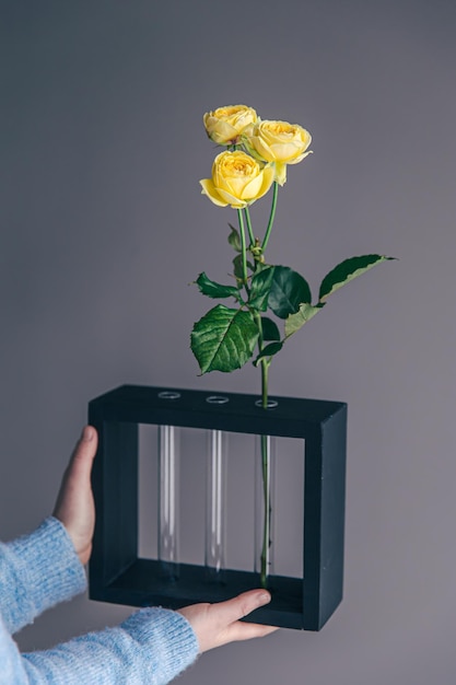 Vase à fleurs minimaliste inhabituel dans des mains féminines