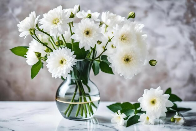 Un vase de fleurs avec les mots " blanc " au fond.