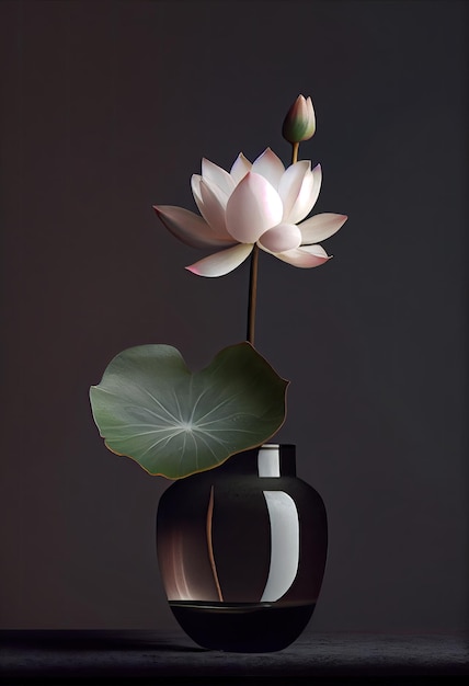 Un vase avec des fleurs de nénuphar sur fond sombre