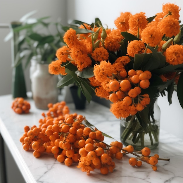 Un vase de fleurs orange avec des fleurs orange et des feuilles vertes sur un comptoir en marbre