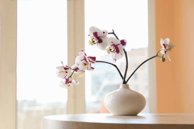 Vase avec des fleurs d'orchidées sur une table blanche près de la fenêtre à l'intérieur