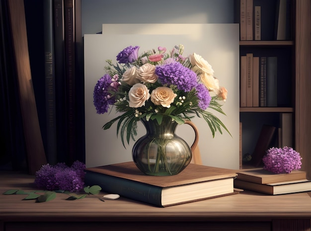 un vase à fleurs sur une pile de livres sur une table