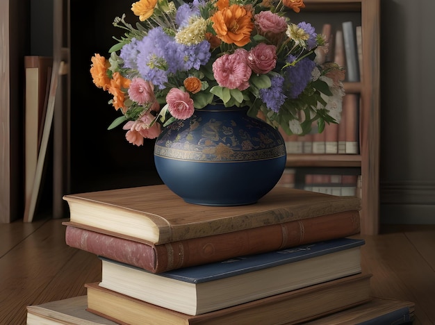 un vase à fleurs sur une pile de livres sur une table