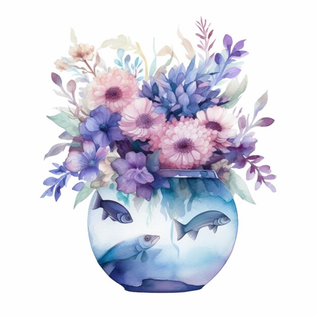 Un vase avec des fleurs et un poisson dedans