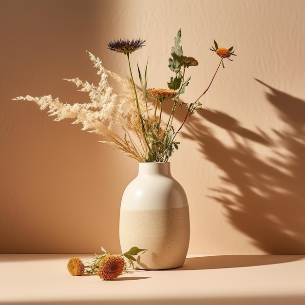 Un vase avec des fleurs et quelques fleurs jaunes sur une table.