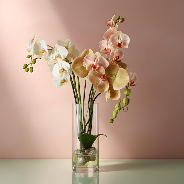 Un vase de fleurs avec un qui dit "orchidées" dessus