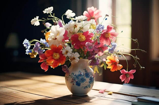 Un vase avec des fleurs reposant sur une table