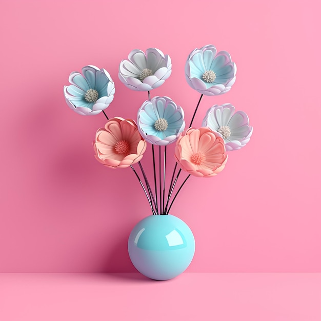 Un vase avec des fleurs roses et bleues dessus.